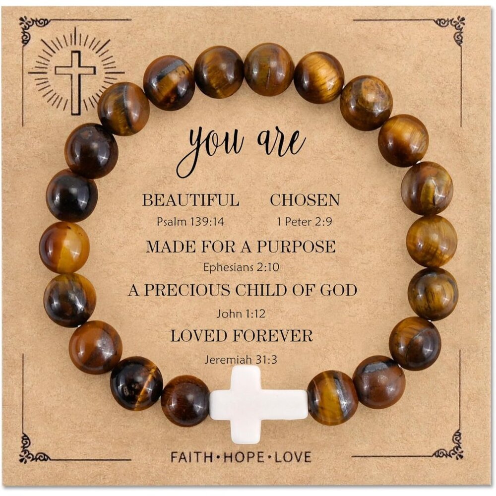 Cross Beaded Bracelets for Women, Inspirational Natural Heart Religious Bracelet